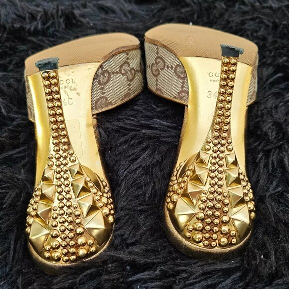 Gucci Women Heel Sandal GG Web Gold Tone Buttom Made Italy Size 34.5 - Picture 4 of 14